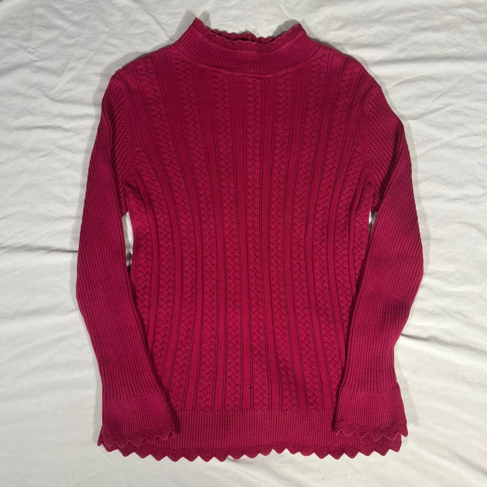 Jeanne Pierre Fuchsia Pink Mock Neck Scalloped Trim Cotton Cable Knit Sweater L